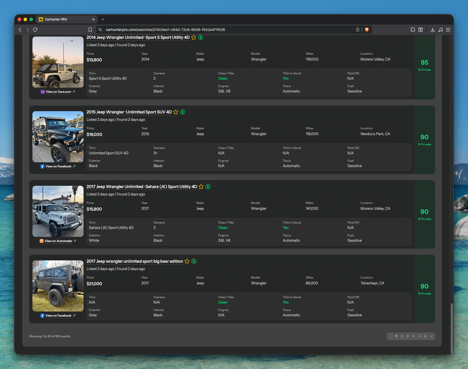CarHunter PRO dashboard showing private seller listings